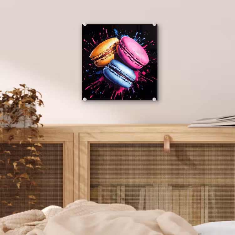 Macarons - Dessert - Graffiti - Kleurrijk - Roze - Blauw - Geel plexiglas 5mm klein -sfeer4