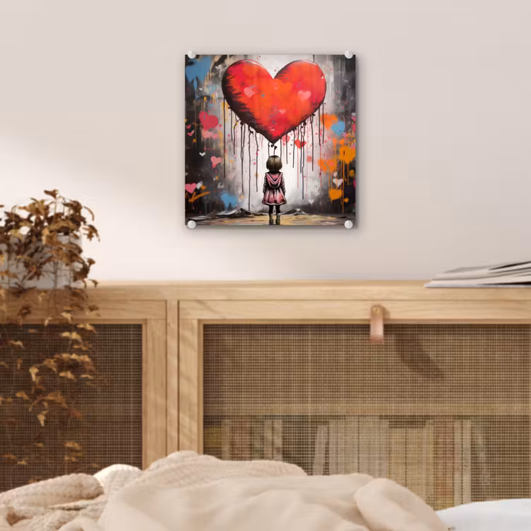 Meisje - Hart - Graffiti - Kunst - Kleuren - Rood plexiglas 5mm klein -sfeer4