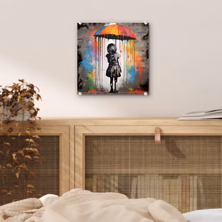 Meisje - Kunst - Paraplu - Graffiti - Kleuren - Muur plexiglas 5mm klein -sfeer4