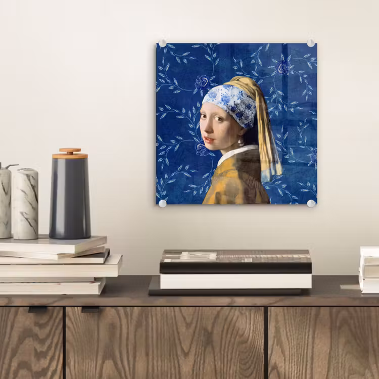 Meisje met de parel - Delfts blauw - Vermeer - Bloemen - Schilderij - Oude meesters plexiglas 5mm klein -sfeer1