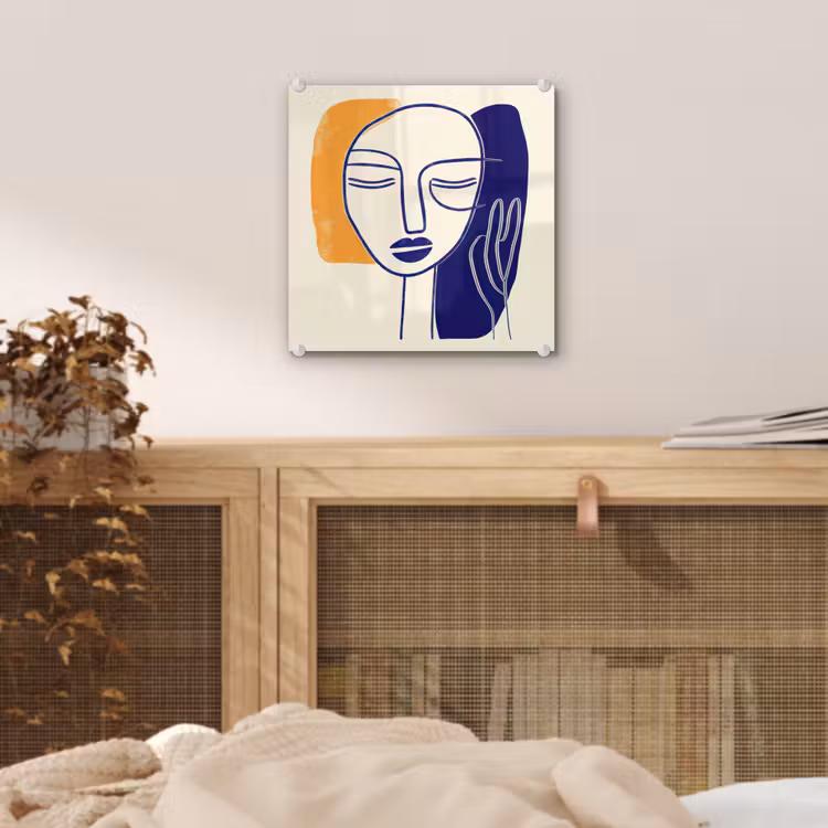 Minimalistisch - Gezicht - Hand - Oranje - Blauw plexiglas 5mm klein -sfeer4