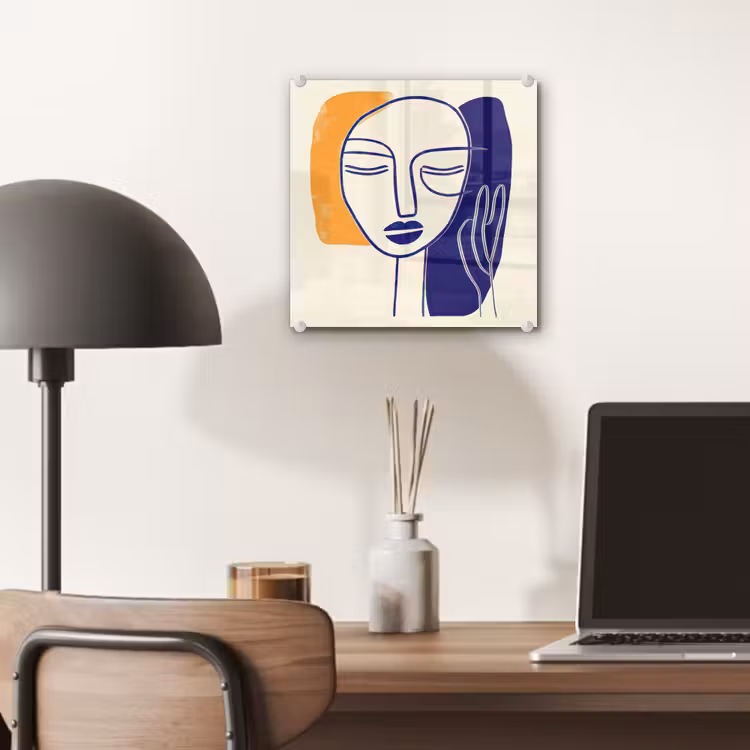 Minimalistisch - Gezicht - Hand - Oranje - Blauw plexiglas 5mm klein -sfeer6