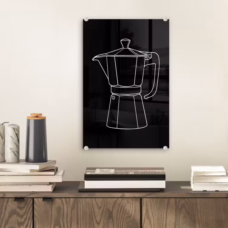 Mokkapot - Zwart - Wit - Lijntekening plexiglas 5mm klein -sfeer1