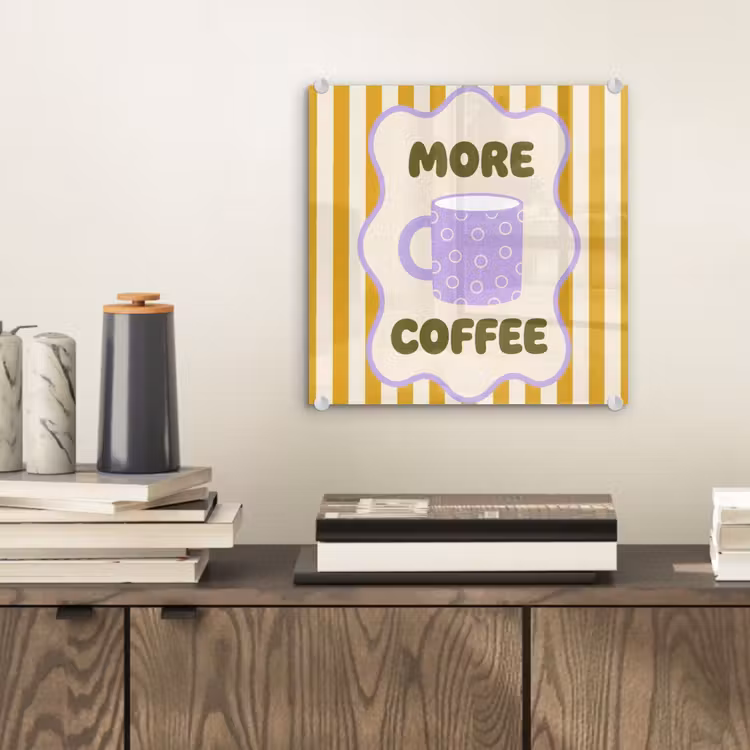 More coffee - Geel - Paars - Strepen - Mok plexiglas 5mm klein -sfeer1