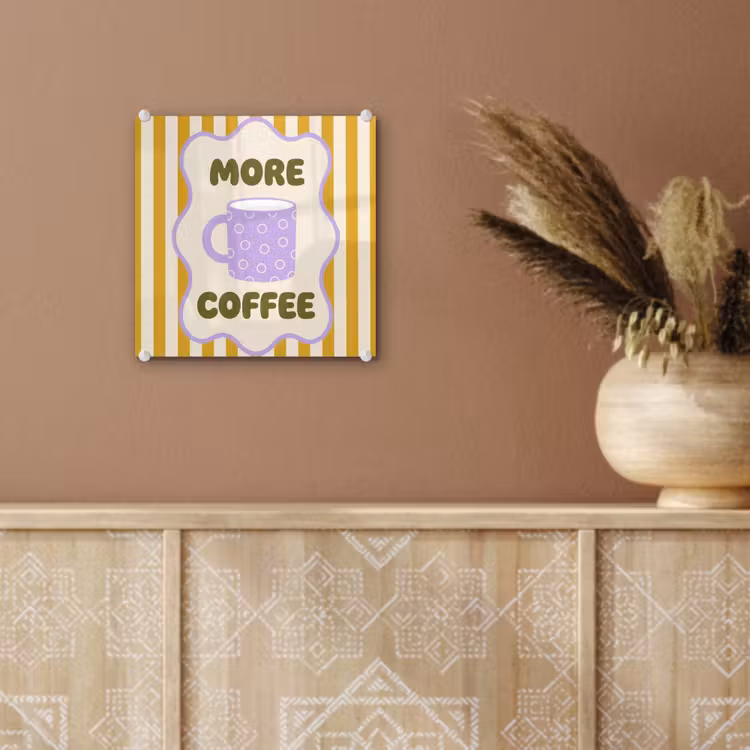 More coffee - Geel - Paars - Strepen - Mok plexiglas 5mm klein -sfeer5