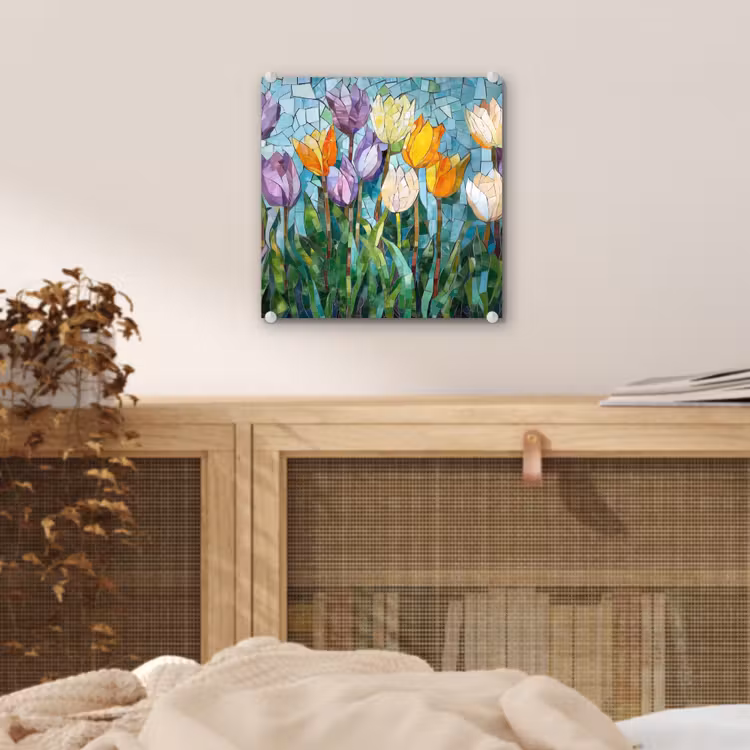 Mozaïek - Veld - Tulpen - Kleurrijk plexiglas 5mm klein -sfeer4