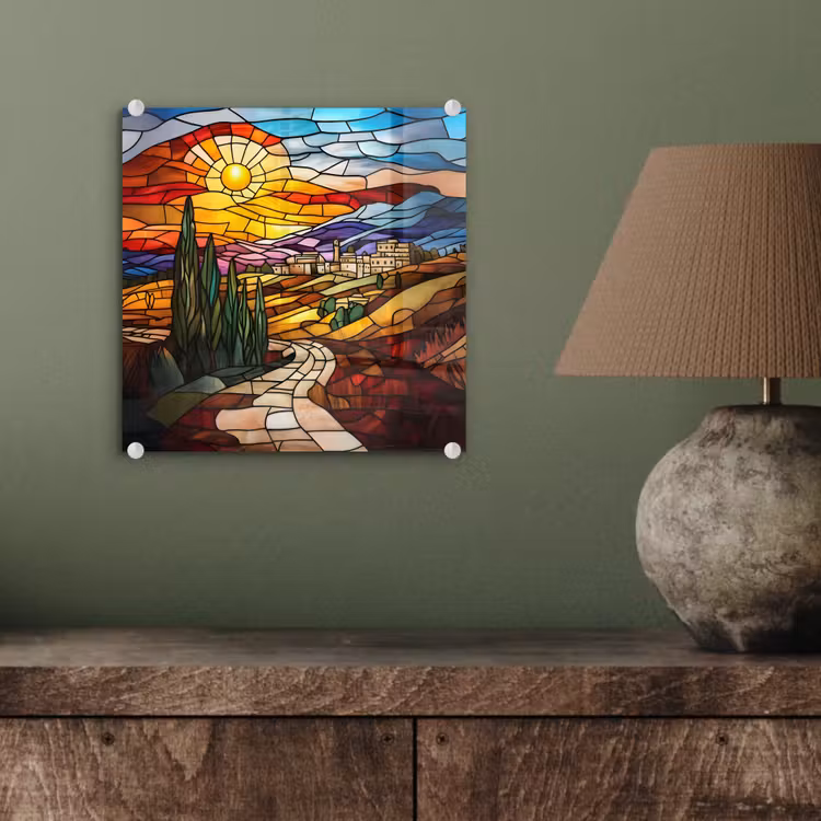 Mozaïek - Zon - Landschap - Dorp plexiglas 5mm klein -sfeer3
