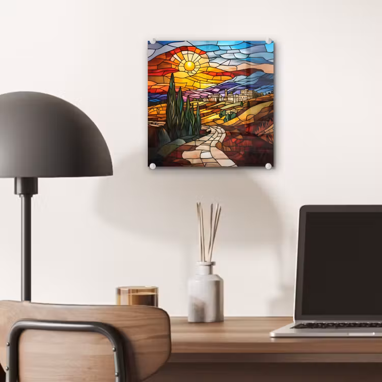 Mozaïek - Zon - Landschap - Dorp plexiglas 5mm klein -sfeer6