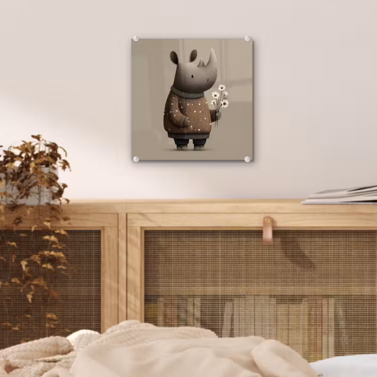 Neushoorn - Witte bloemen - Lief plexiglas 5mm klein -sfeer4