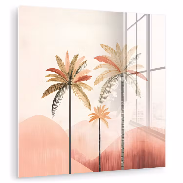 Palmbomen - Heuvels - Minimalistisch - Zachtroze plexiglas 5mm klein -zzzproduct_nieuw