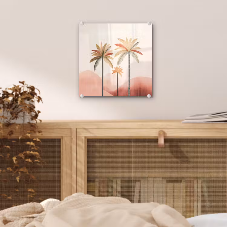 Palmbomen - Heuvels - Minimalistisch - Zachtroze plexiglas 5mm klein -sfeer4