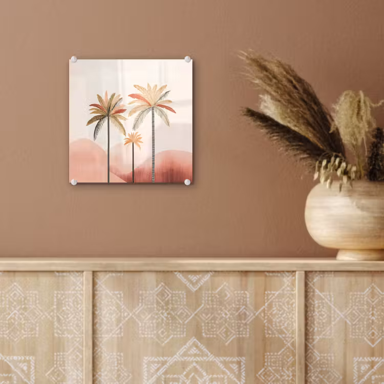 Palmbomen - Heuvels - Minimalistisch - Zachtroze plexiglas 5mm klein -sfeer5
