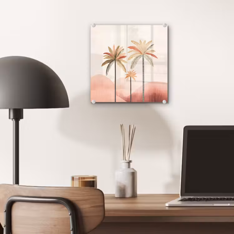 Palmbomen - Heuvels - Minimalistisch - Zachtroze plexiglas 5mm klein -sfeer6