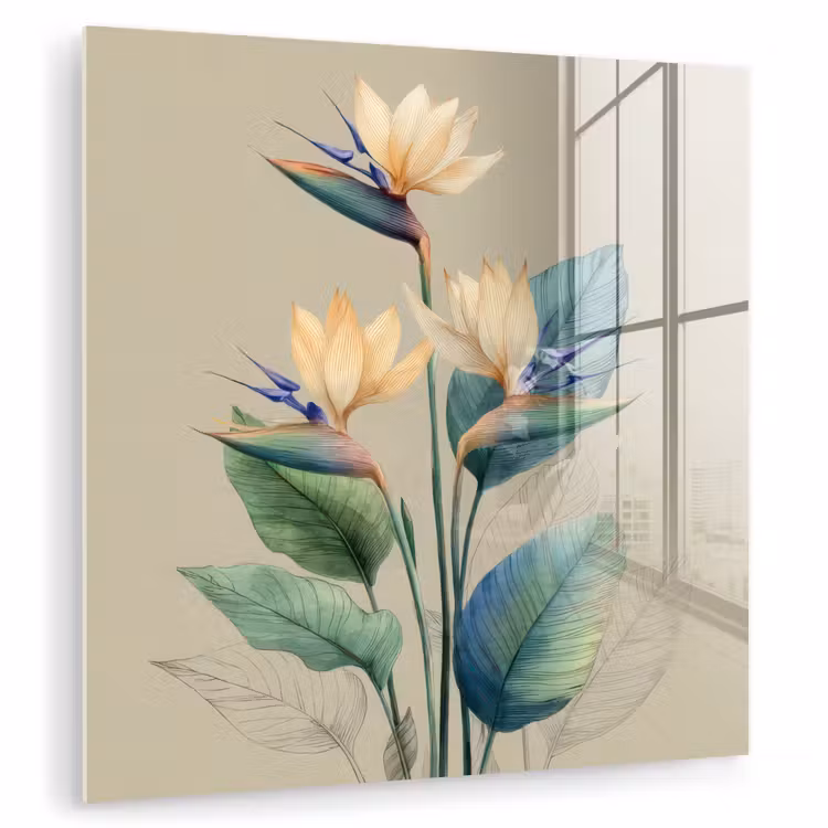 Paradijsvogelbloemen - Blauwgroene bladeren - Beige plexiglas 5mm klein -zzzproduct_nieuw