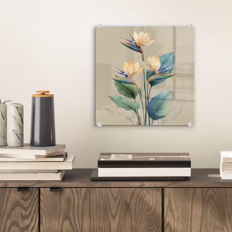 Paradijsvogelbloemen - Blauwgroene bladeren - Beige plexiglas 5mm klein -sfeer1