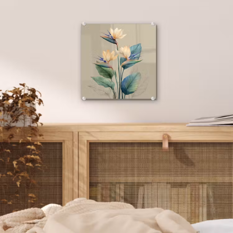 Paradijsvogelbloemen - Blauwgroene bladeren - Beige plexiglas 5mm klein -sfeer4