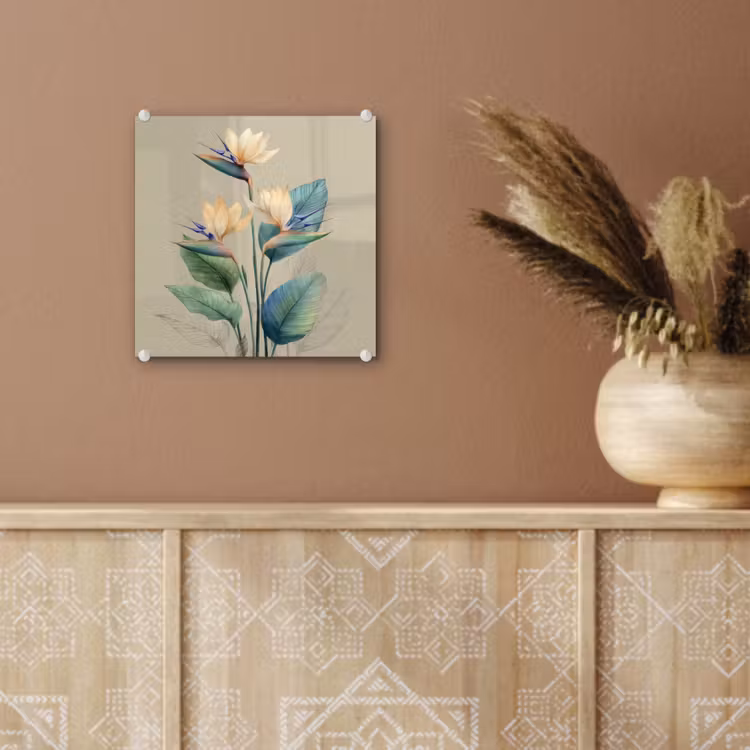 Paradijsvogelbloemen - Blauwgroene bladeren - Beige plexiglas 5mm klein -sfeer5