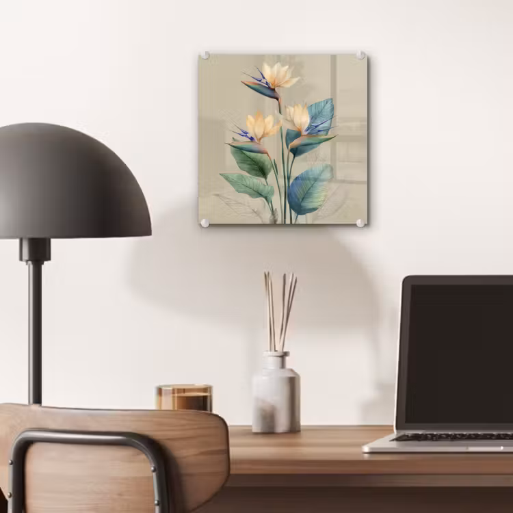 Paradijsvogelbloemen - Blauwgroene bladeren - Beige plexiglas 5mm klein -sfeer6