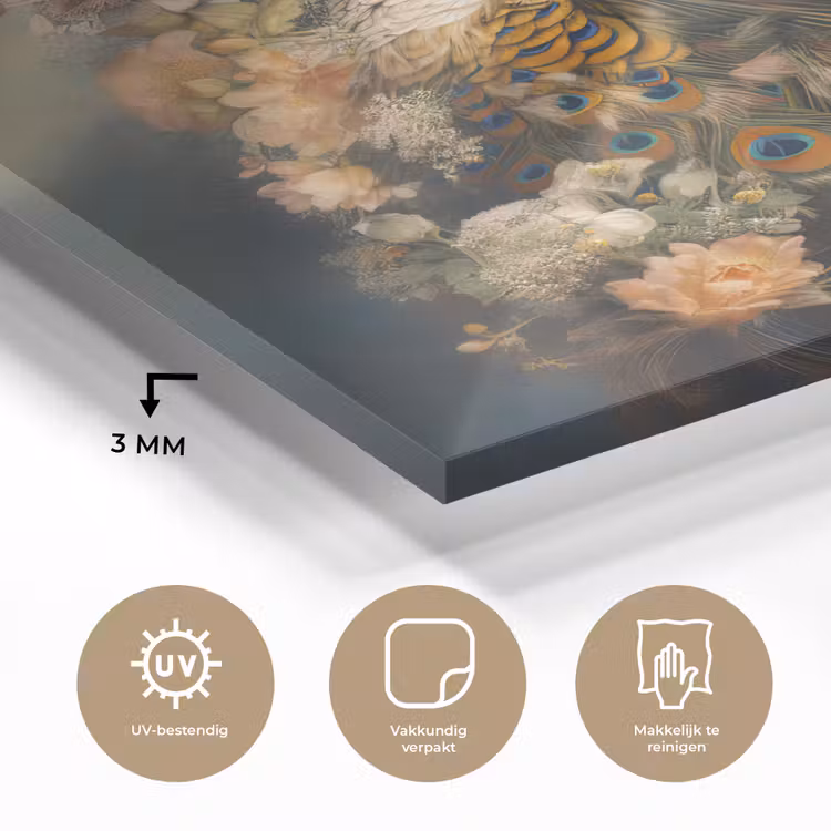 Pauw - Pauwenveren - Bloemen - Vogels - Botanisch plexiglas 5mm klein -sfeer2