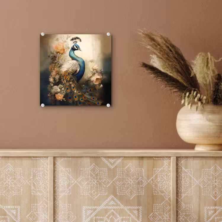 Pauw - Pauwenveren - Bloemen - Vogels - Botanisch plexiglas 5mm klein -sfeer5