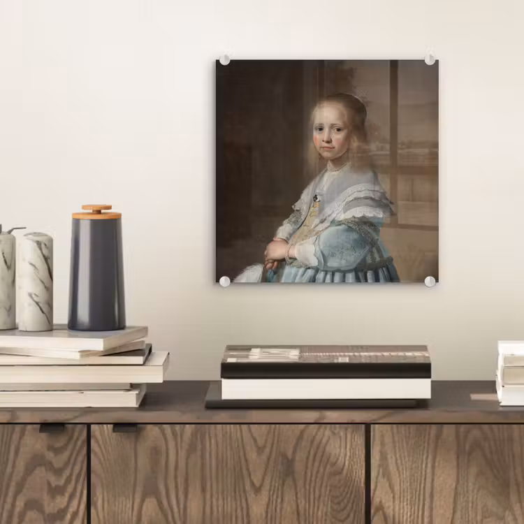 Portret van een meisje in het blauw - Schilderij van Johannes Cornelisz. Verspronck plexiglas 5mm klein -sfeer1
