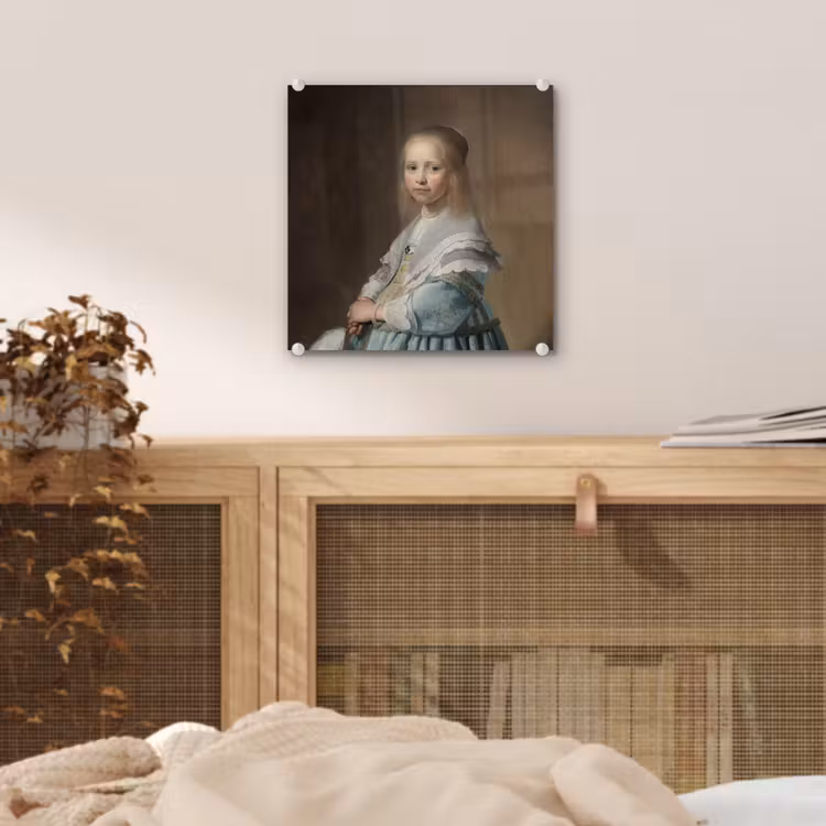 Portret van een meisje in het blauw - Schilderij van Johannes Cornelisz. Verspronck plexiglas 5mm klein -sfeer4