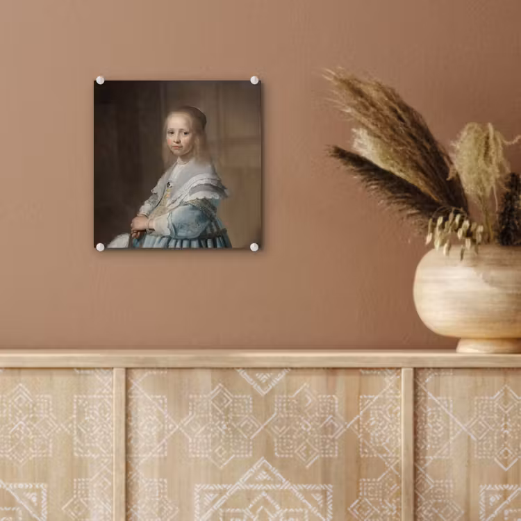 Portret van een meisje in het blauw - Schilderij van Johannes Cornelisz. Verspronck plexiglas 5mm klein -sfeer5