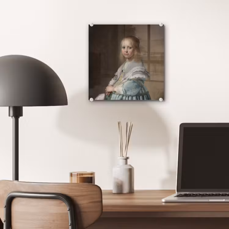 Portret van een meisje in het blauw - Schilderij van Johannes Cornelisz. Verspronck plexiglas 5mm klein -sfeer6