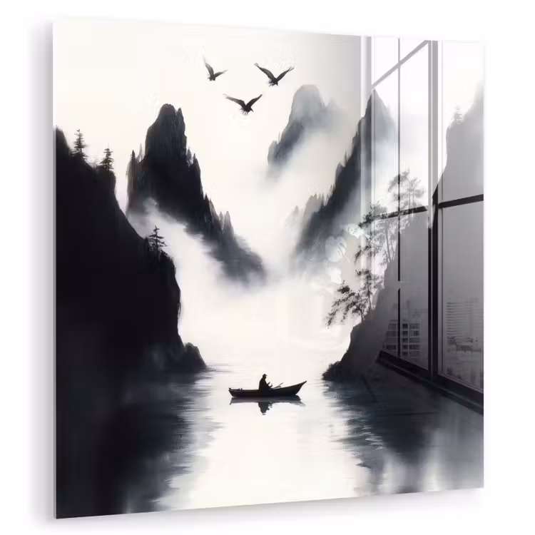 Roeiboot - Mistig - Bergen - Vogels plexiglas 5mm klein -zzzproduct_nieuw