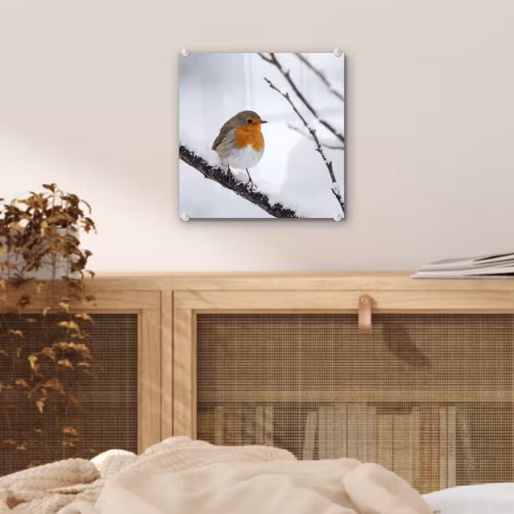 Roodborstje - Tak - Sneeuw - Winter - Levendig plexiglas 5mm klein -sfeer4