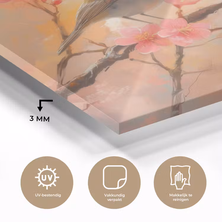 Roodborstjes - Sierlijk - Bloesemtak plexiglas 5mm klein -sfeer2