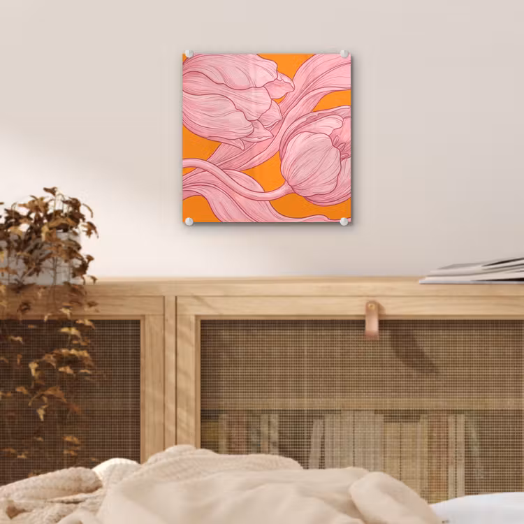 Glas schilderij - Roze bloemen - Modern - Roze bloemen - Modern plexiglas 5mm klein