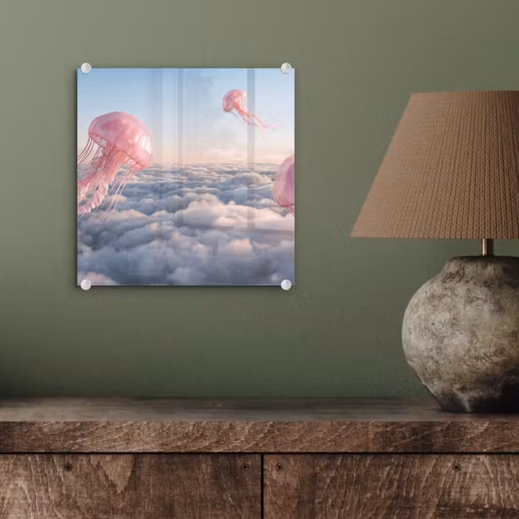 Glas schilderij - Roze dier - Wolken - Roze dier - Wolken plexiglas 5mm klein