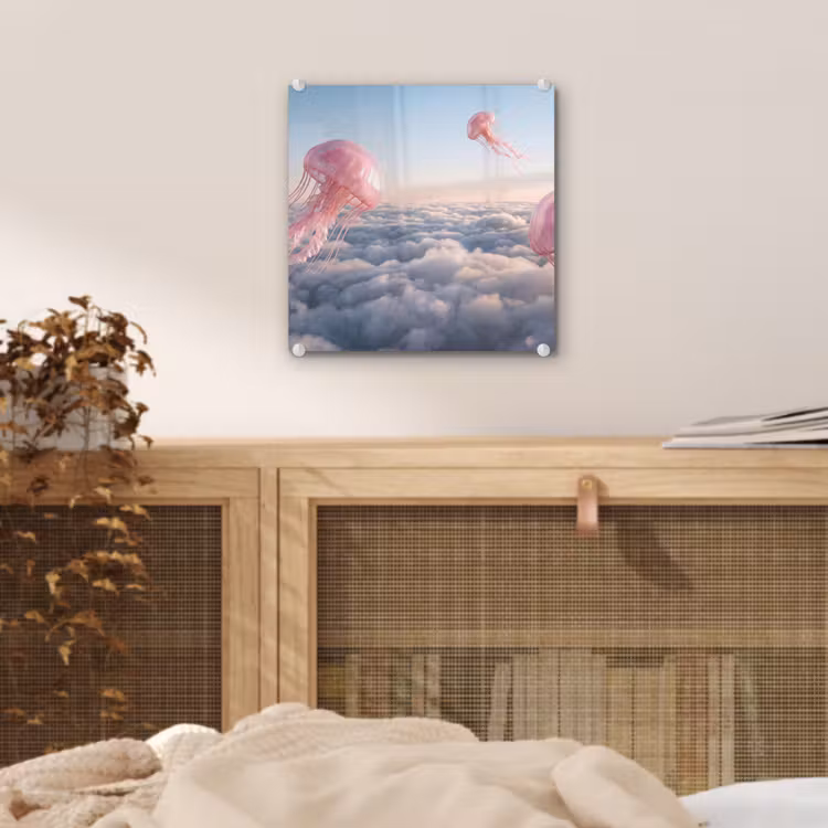 Glas schilderij - Roze dier - Wolken - Roze dier - Wolken plexiglas 5mm klein