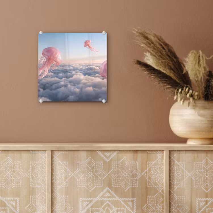 Glas schilderij - Roze dier - Wolken - Roze dier - Wolken plexiglas 5mm klein
