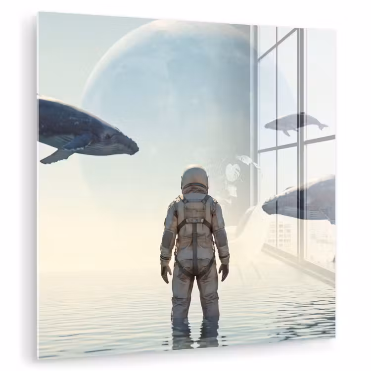 Glas schilderij - Ruimtevaarder - Walvis - Fantasie - Ruimtevaarder - Walvis - Fantasie plexiglas 5mm klein