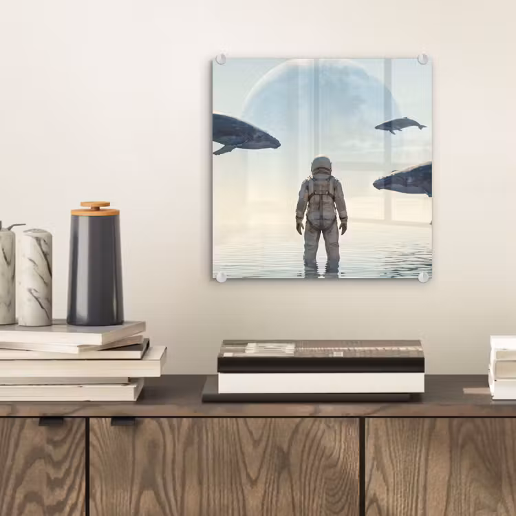Glas schilderij - Ruimtevaarder - Walvis - Fantasie - Ruimtevaarder - Walvis - Fantasie plexiglas 5mm klein