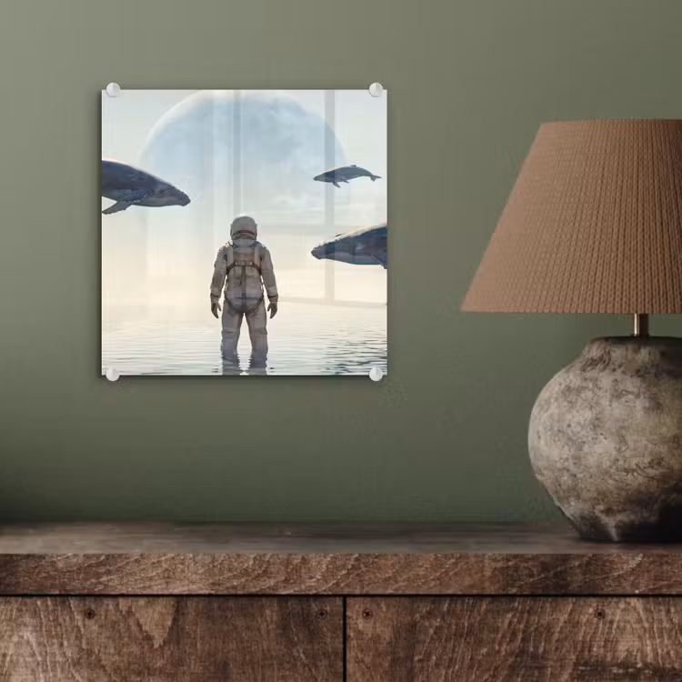 Glas schilderij - Ruimtevaarder - Walvis - Fantasie - Ruimtevaarder - Walvis - Fantasie plexiglas 5mm klein
