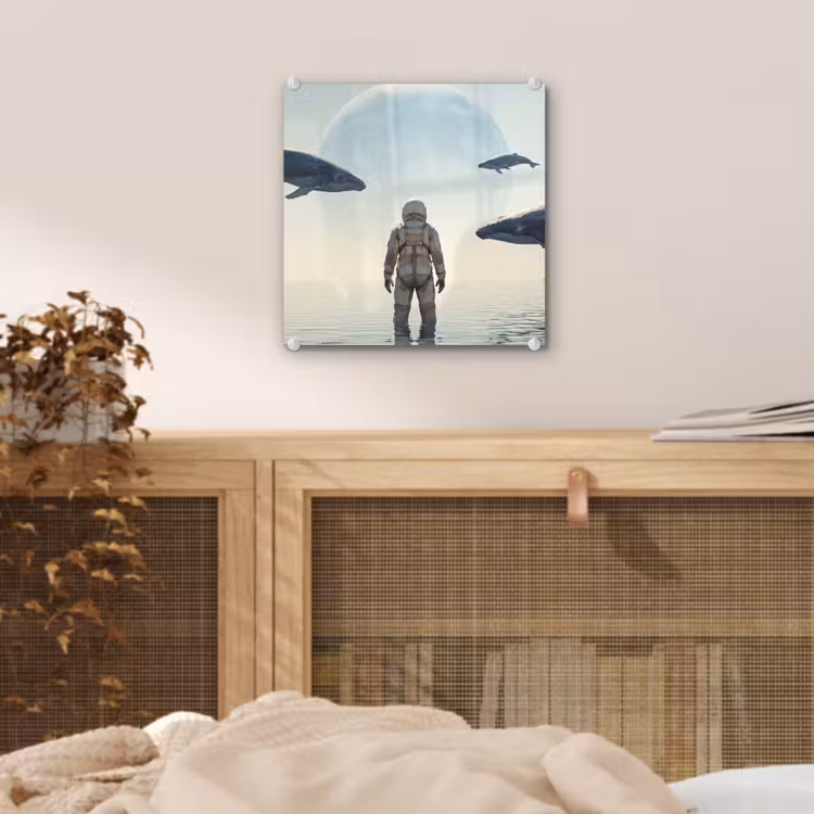 Glas schilderij - Ruimtevaarder - Walvis - Fantasie - Ruimtevaarder - Walvis - Fantasie plexiglas 5mm klein