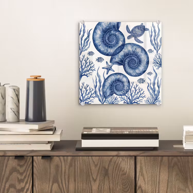 Schelp - Spiraal - Zeeleven - Aquarel - Blauw plexiglas 5mm klein -sfeer1