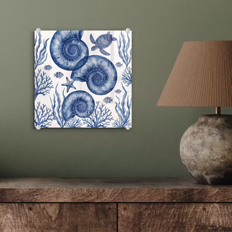 Schelp - Spiraal - Zeeleven - Aquarel - Blauw plexiglas 5mm klein -sfeer3