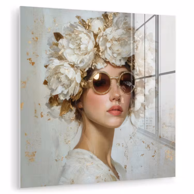 Schilderij - Vrouw - Zonnebril - Bloemenkrans plexiglas 5mm klein -zzzproduct_nieuw