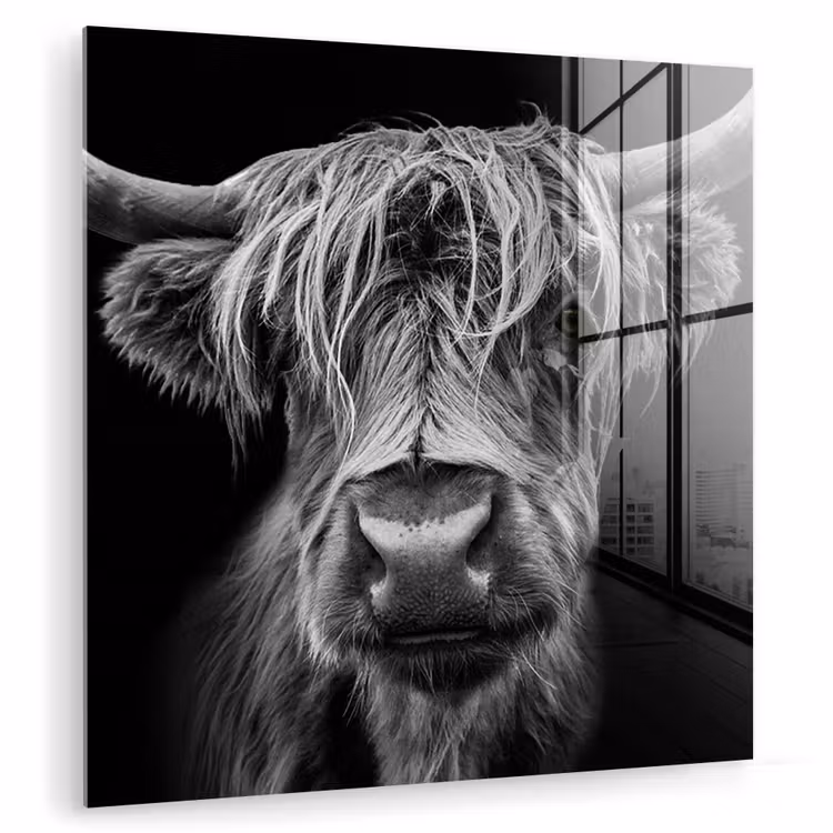Schotse Hooglander - Horens - Zwart - Wit - Koe - Wild - Dieren plexiglas 5mm klein -zzzproduct_nieuw