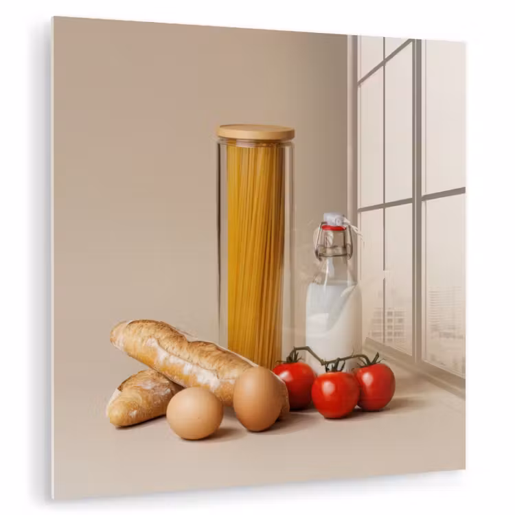Spaghetti - Melk - Tomaten - Eieren - Brood plexiglas 5mm klein -zzzproduct_nieuw