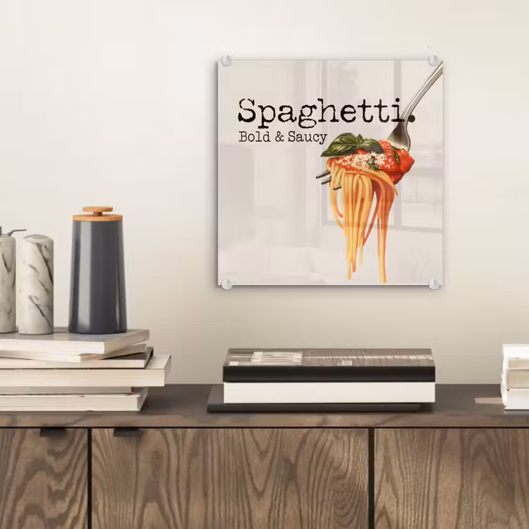 Spaghetti - tomatensaus - Parmezaanse kaas plexiglas 5mm klein -sfeer1