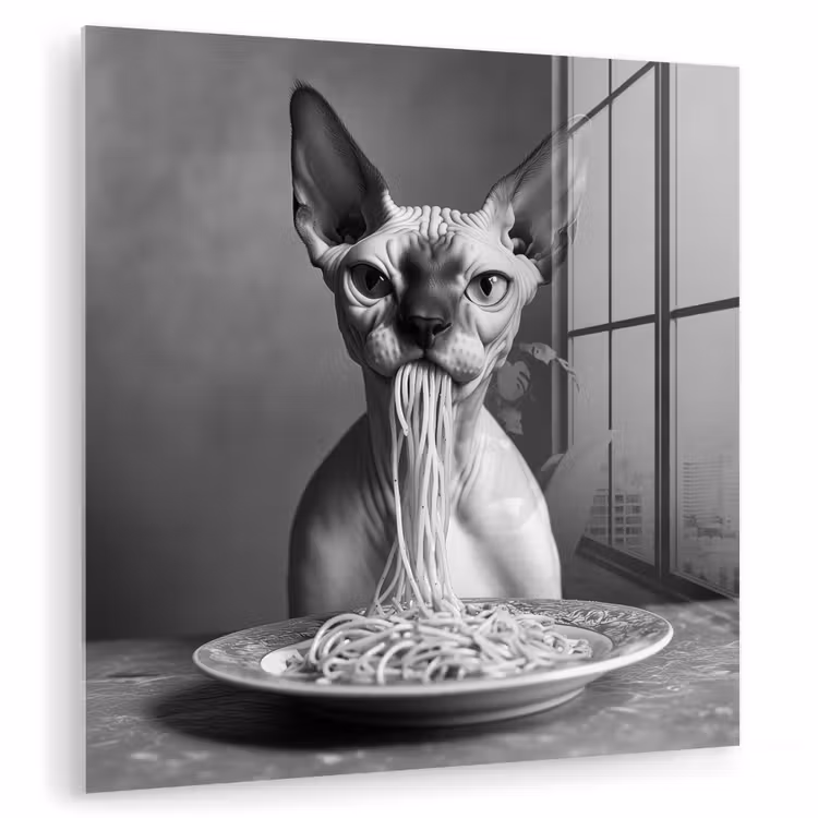 Sphynx - Kat - Dieren - Humor - Spaghetti - Zwart Wit plexiglas 5mm klein -zzzproduct_nieuw