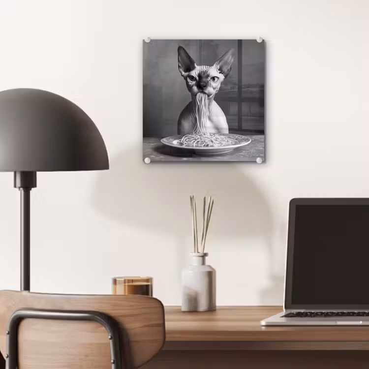 Sphynx - Kat - Dieren - Humor - Spaghetti - Zwart Wit plexiglas 5mm klein -sfeer6
