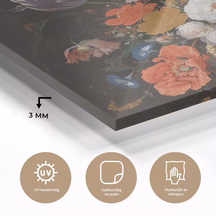 Stilleven met bloemen en een horloge - Schilderij van Abraham Mignon plexiglas 5mm klein -sfeer2