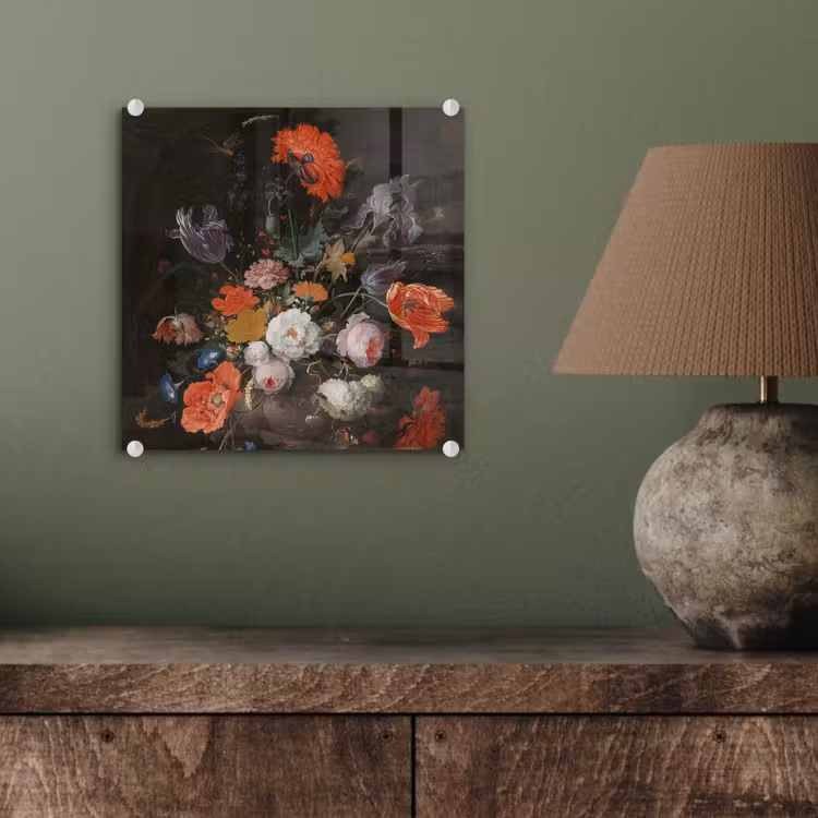 Stilleven met bloemen en een horloge - Schilderij van Abraham Mignon plexiglas 5mm klein -sfeer3
