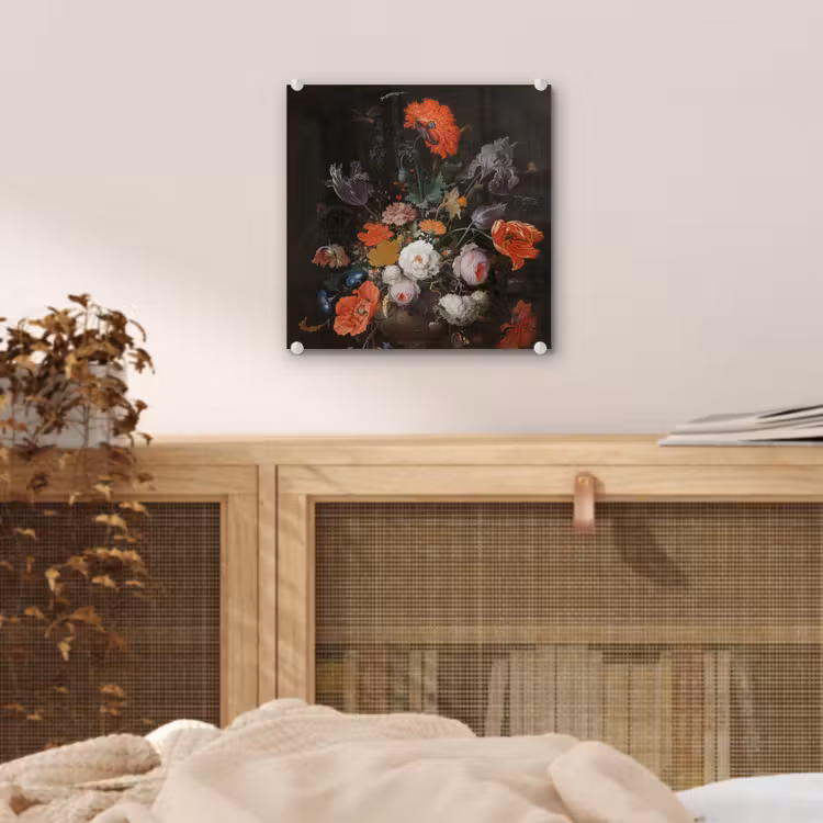 Stilleven met bloemen en een horloge - Schilderij van Abraham Mignon plexiglas 5mm klein -sfeer4